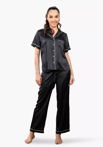 Black Silk Nightwear Half Sleeves