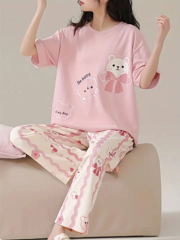 00000 BABYPINK 3 Happy Kitty Printed Half Sleeves T-shirt With Printed Pajama Suit