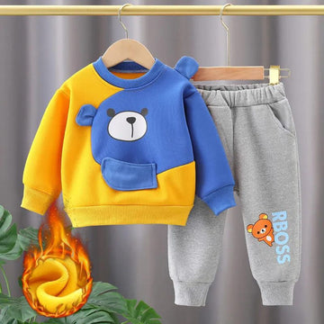 Yellow With Blue Bear Print Sweatshirt With Grey Trouser For Kids
