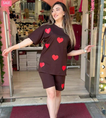 Dark Brown Red Heart Half Sleeves T Shirt With Same Shorts