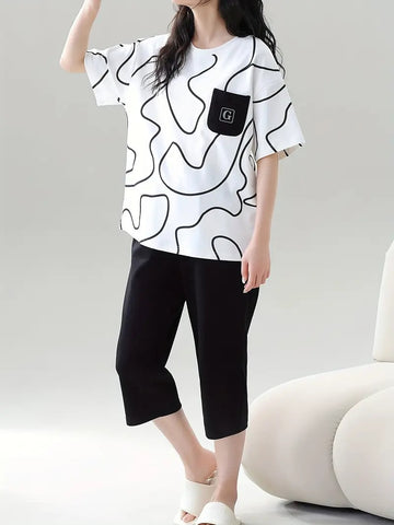 00000 White Black Lining Pocket Printed Half Sleeves T-shirt With Plain Black Pajama Suit