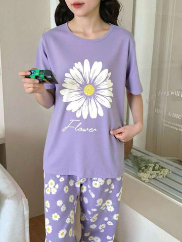 0000 Lilac Sunflower Printed Half Sleeves T-shirt With Sunflower Printed Pajama Suit