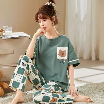 0000 Green Pocket Bear Printed Half Sleeves T-shirt With Bear Printed Pajama Suit