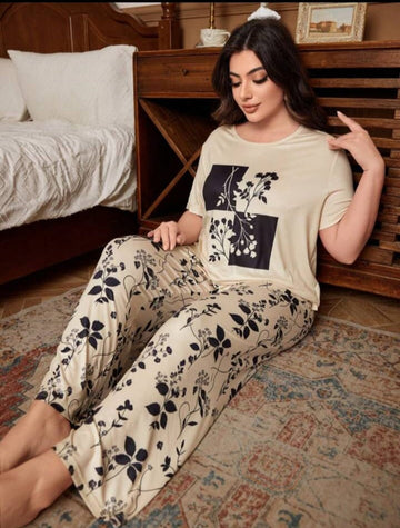 0001 Skin Flower Printed Half Sleeves T-shirt With Flower Printed Pajama Suit