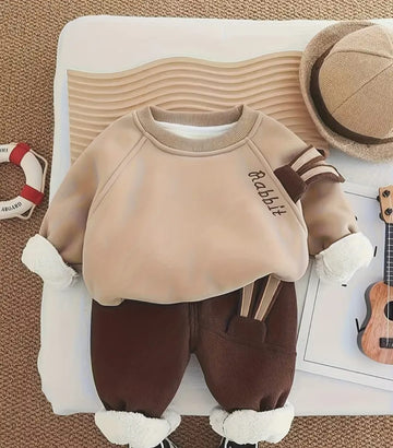 0000 Camel Brown Fleece-Lined Winter Outfit Cute Rabbit design Sweatshirt With Cute Rabbit lined Trouser Tracksuit For Kids