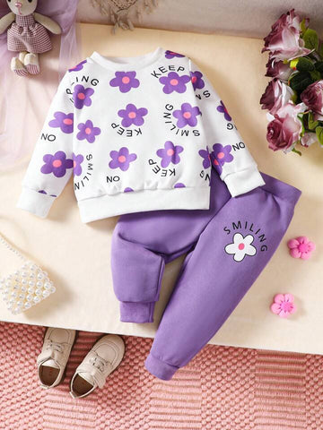 00000 White Lilic Flower Sweatshirt With Lilic Trouser For Kids