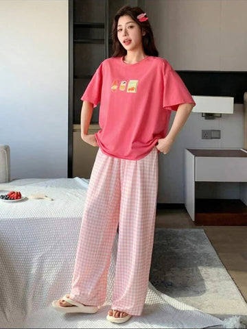0000 Hot Pink Foodie Printed Half Sleeves T-shirt With Check Pajama Suit