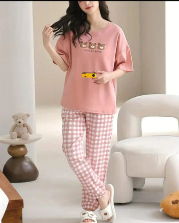 00001 BabyPink 3 Lovely Bear Print Half Sleeves T-ShirtWith Check Printed Pajama Suit