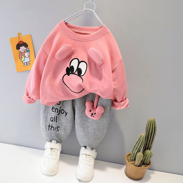 Pink Cute Eye Print Sweatshirt With Grey Trouser For Kids