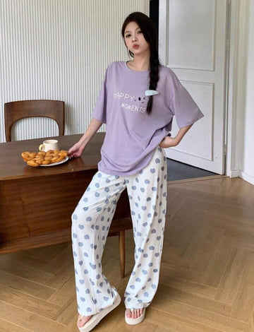 0000 Lilac Happy Moments Printed Half Sleeves T-shirt With heart Printed Pajama Suit