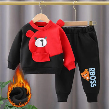 Black With Red Bear Print Sweatshirt With Black Trouser For Kids