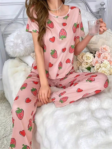 0000 Baby Pink All Over Strawberry Half Sleeves T-shirt With Printed Pajama Suit