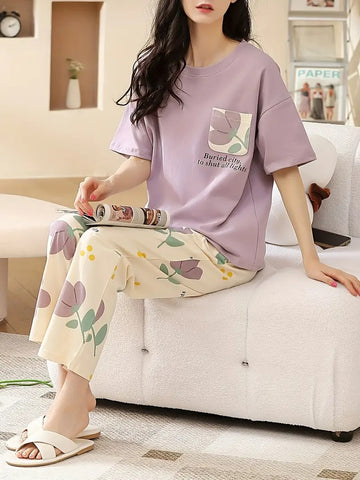 0000 Purple Flower Pocket Print Half Sleeves T-shirt With Printed Pajama Suit
