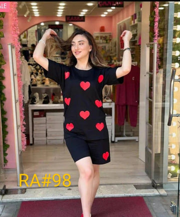 Black Red Heart Half Sleeves T Shirt With Same Shorts