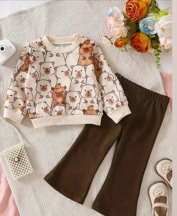 0000 OffWhite Multi Bear Sweatshirt With Dark Brown Trouser For Kids