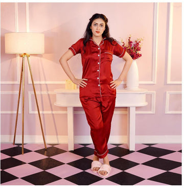 Maroon Silk Nightwear Half Sleeves