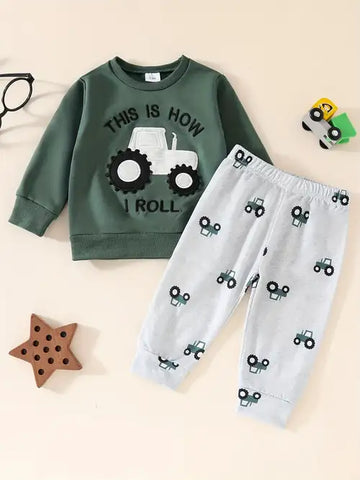 0000 BottleGreen This Is How I Roll Sweatshirt With Grey Trouser For Kids