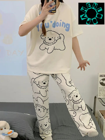 00001 White You Doing Dog Print Half Sleeves T-ShirtWith Dog Printed Pajama Suit