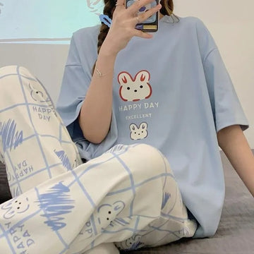Blue Happy Day Kitty Print Half Sleeves T-shirt With Printed Pajama Suit