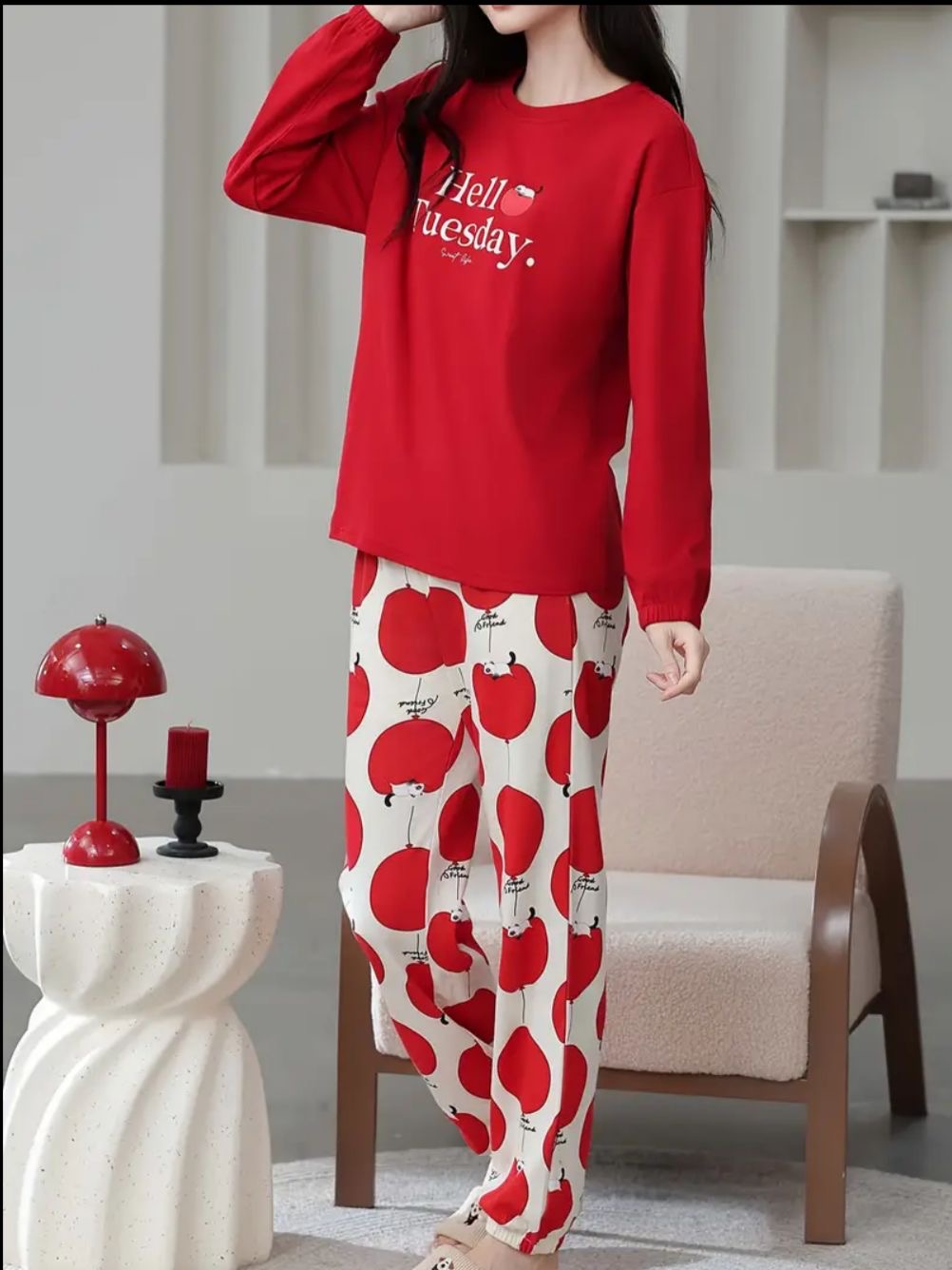 000000 Red Hello Tuesday Full Sleeves With Printed Trouser