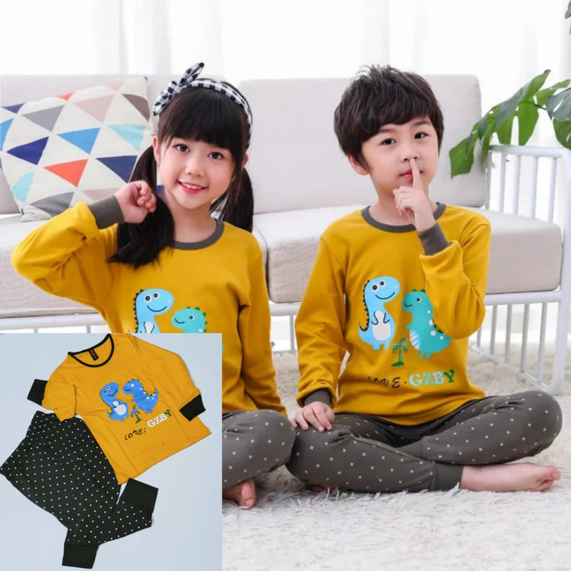 Baby/Baba Yellow and Grey Dions Printed T.Shirt With Polka Dot Trouser