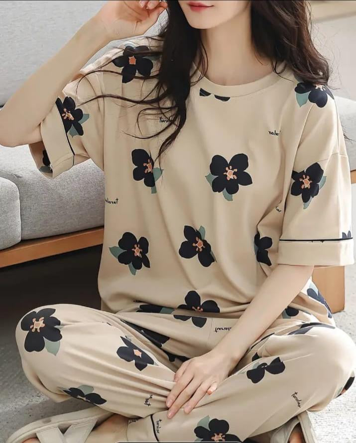 00001 Brown All Over Flowers Printed Night Suit