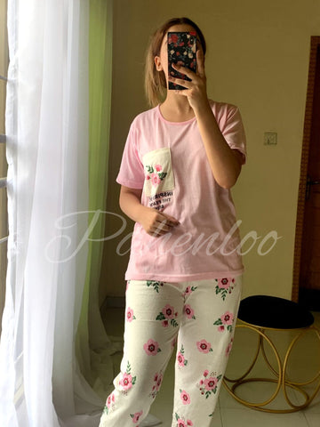 002 BABY PINK FLOWER POCKET HALF SLEEVES WITH FLOWER PRINTED TROUSER