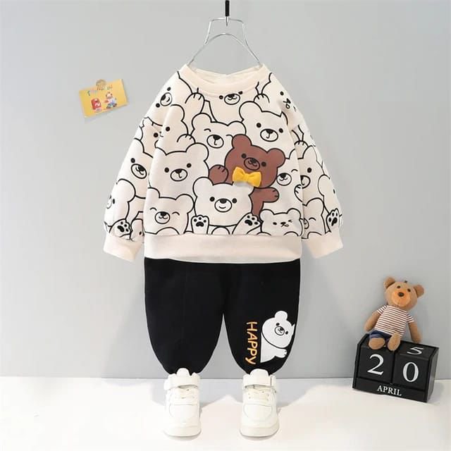 White Black Contrast Bear Print Sweatshirt With Black Trouser For Kids