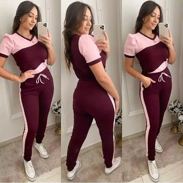 Pink With Maroon Panel Half Sleeves Track Suit