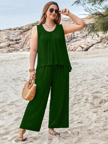 0022 Bottle Green W/O Sleeves With Plazzo Trouser Night suit