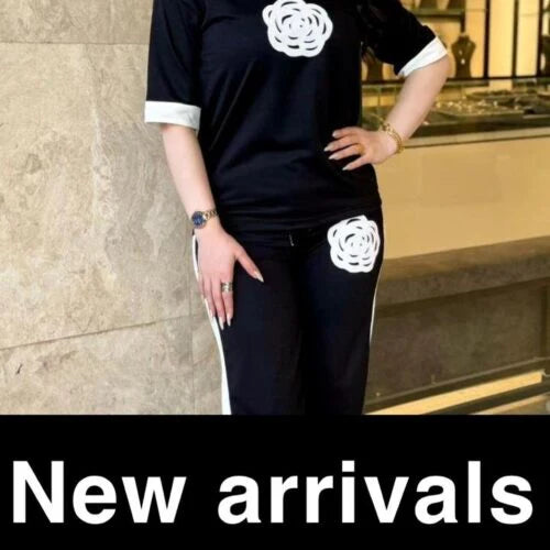 002 Black T Shirt White Flower With Black Trouser With Flower Track suit