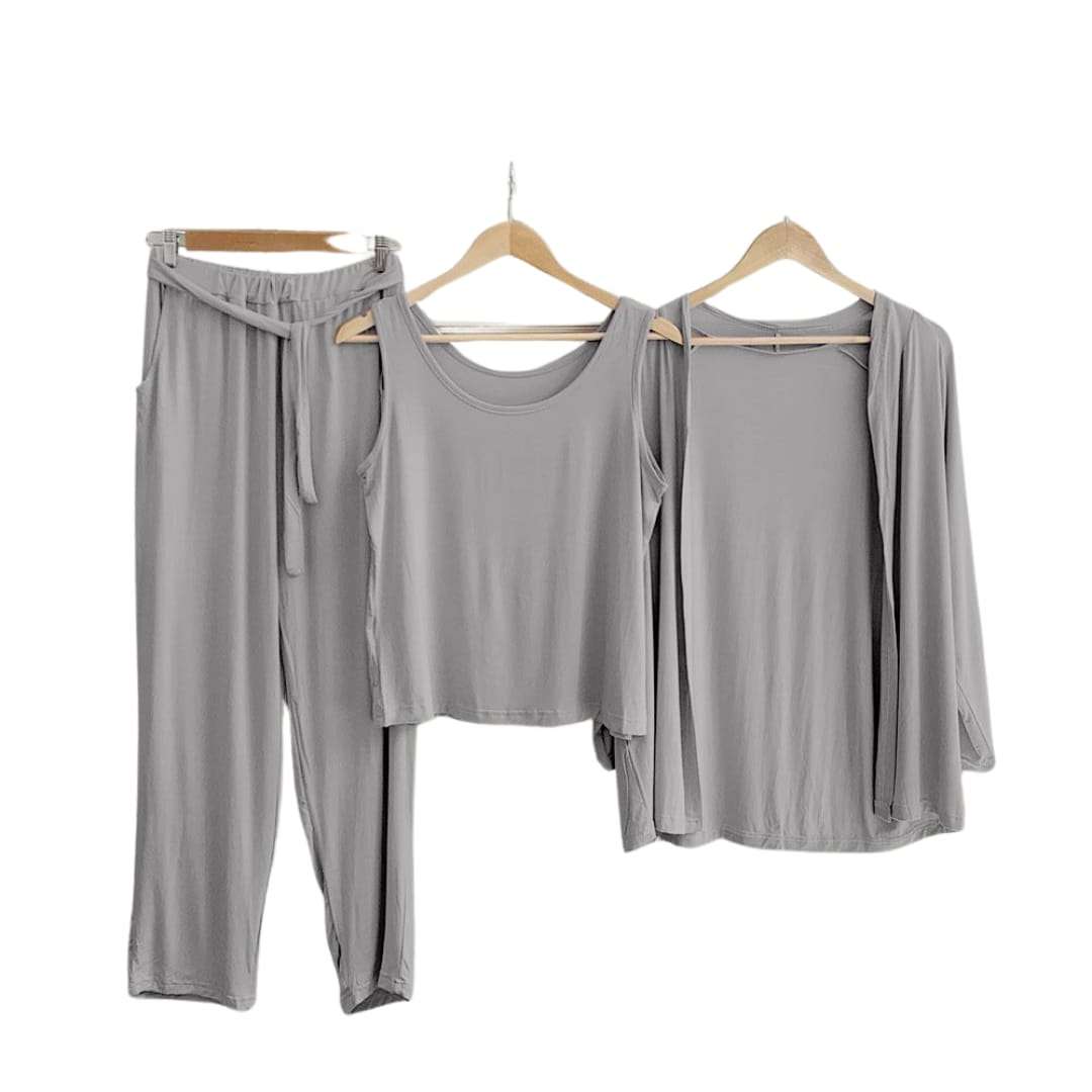 3Pcs Sleepwear (Sando Shrug Trouser) (Grey)