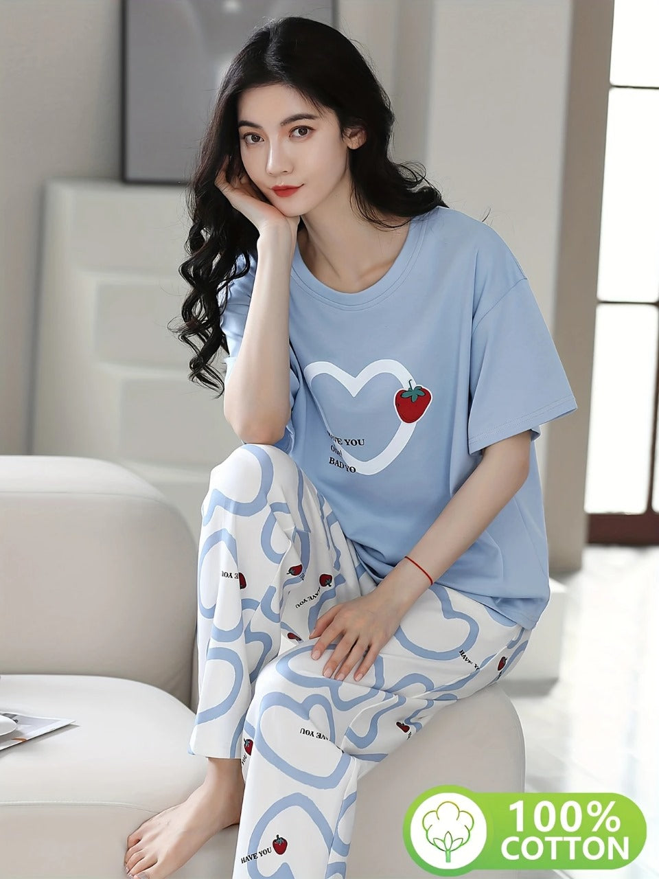0000 BLUE Heart & Strawberry Print Half Sleeves T-shirt With Printed Pajama Suit