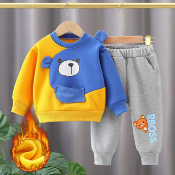 Yellow Blue Contrast Bear Print Sweatshirt With Grey Trouser For Kids