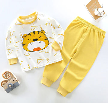 001 Baba Offwhite Lion Printed Full Sleeves T-shirt with Yellow Plain Pajama Kids Suits (1 Pcs)