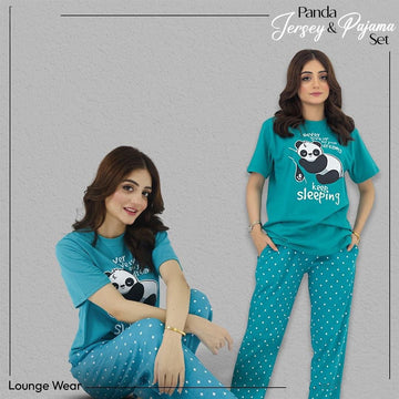 044 Blue Panda Printed Half Sleeves T-shirt With Polka Dot Trouser