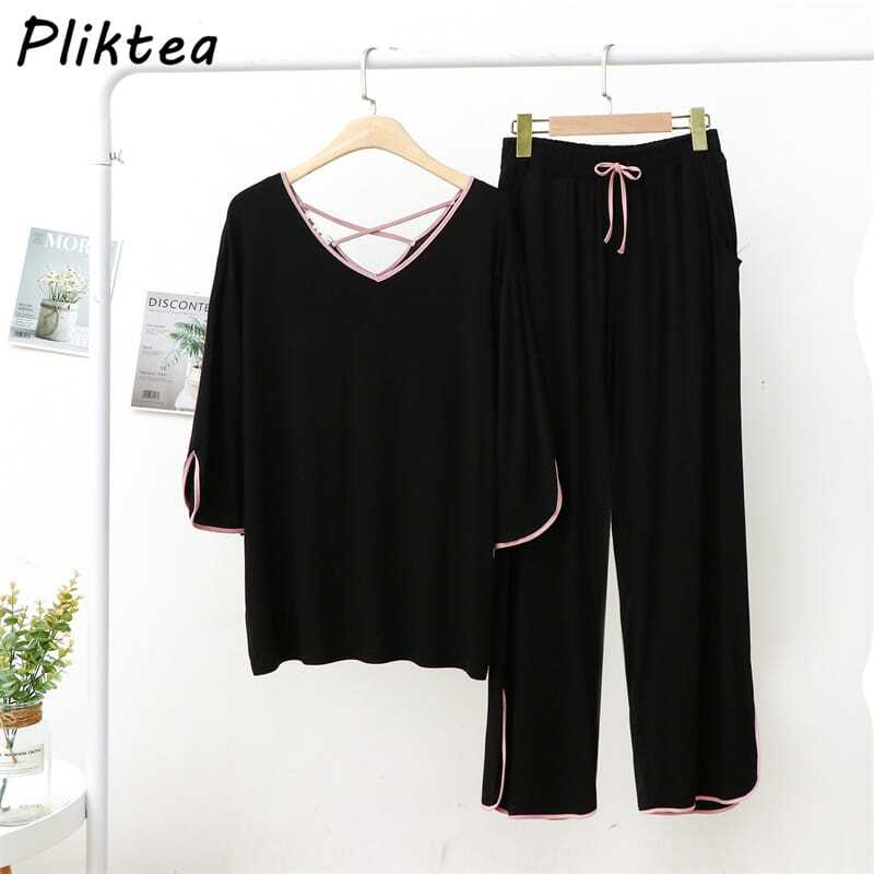 0019 Black Plain Pink Lace With Plazzo Trouser Night Suit