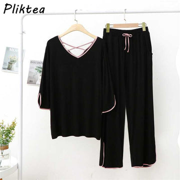 0019 Black Plain Pink Lace With Plazzo Trouser Night Suit