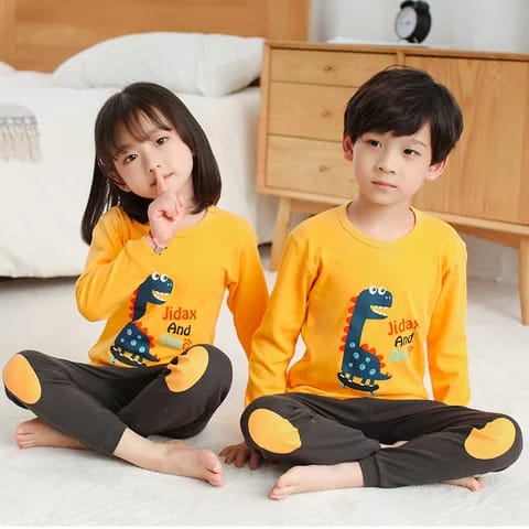 Baby/Baba Yellow and Grey DINO Printed T.Shirt With Trouser