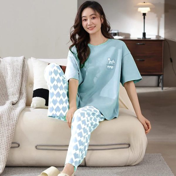 045 Blue Rabbit Print Half Sleeves T-shirt With Printed Trouser