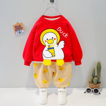 Red Sweatshirt Duck Print With Off-White Trouser Duck Print For Kids