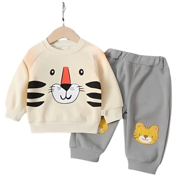 Off-white Bear Sweatshirt With Gray Bear Trouser For Kids