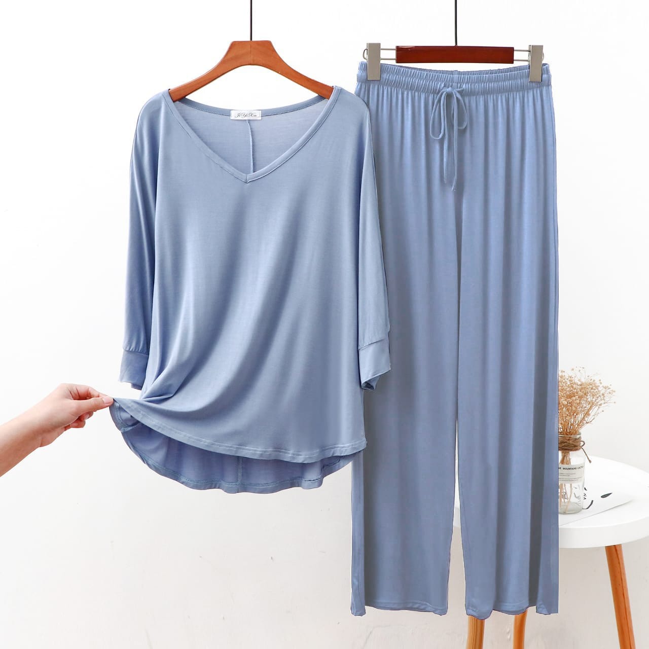 0017 Sky Blue V-Neck With Plazzo Trouser Night Suit