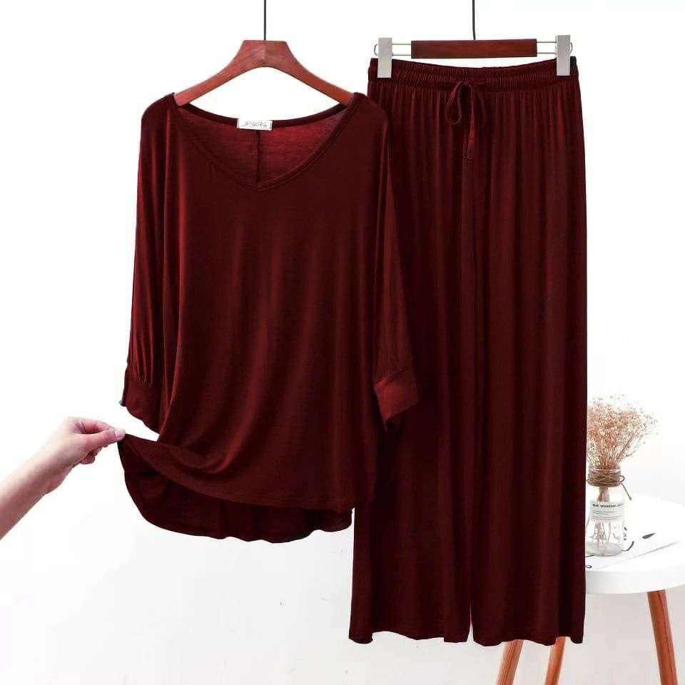 0000 Maroon V-Neck With Plazzo Trouser Night Suit