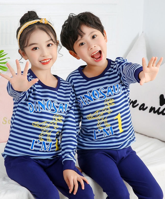 Blue lining Dinosaur full selives T.Shirt with Blue plain Trouser