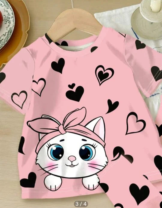 00001 Pink Cute Cat With Black Hearts Printed half Sleeves T-shirt with Heart Printed Pajama Kids Suits (1 Pcs)