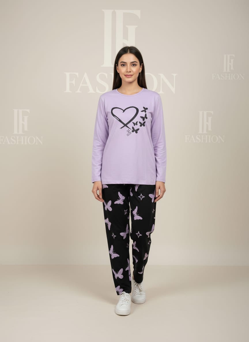 000 Purple Heart Butterflies full selives Tshirt with Black printed Butterflies Trouser