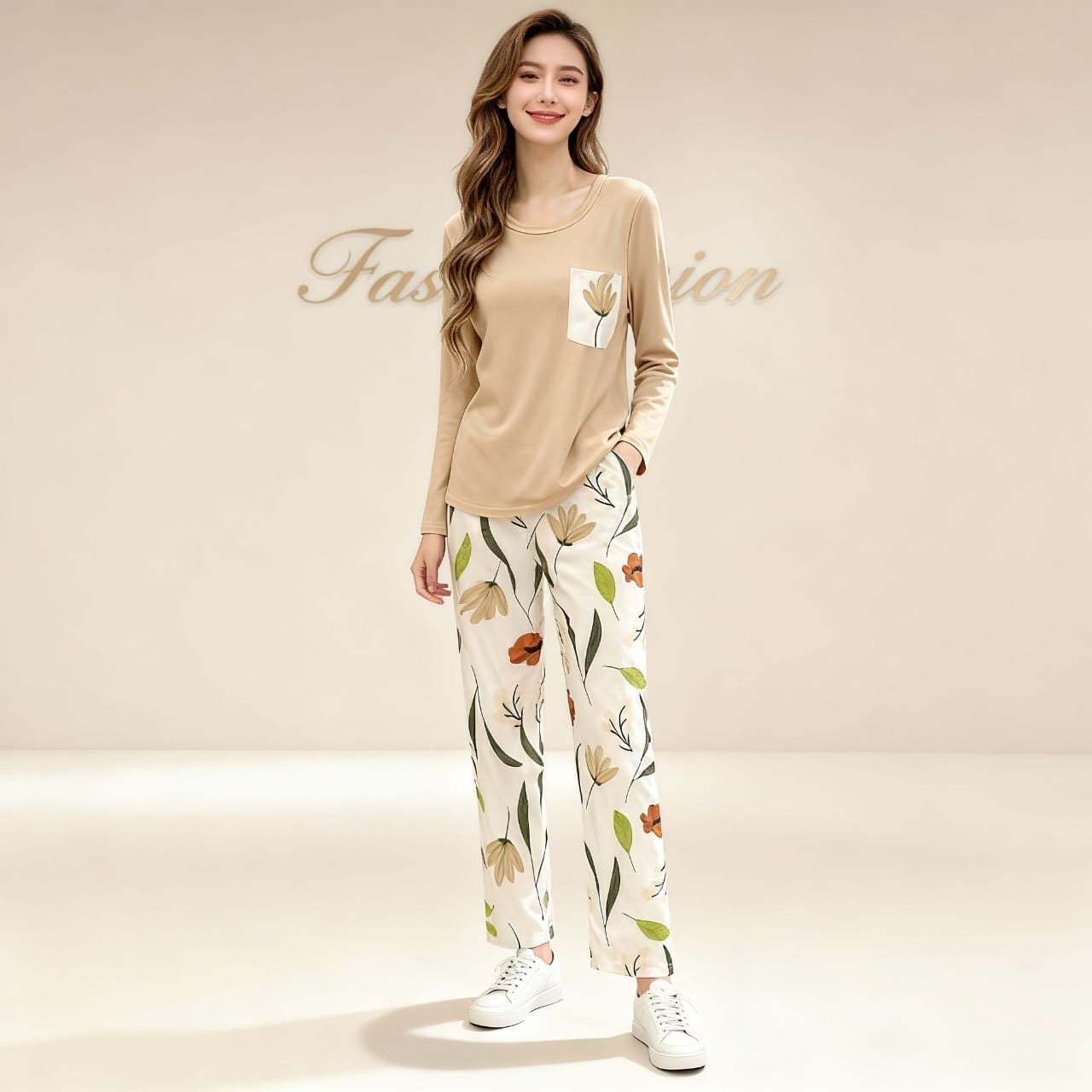 000 Cream plain full selives Tshirt flower pocket with Printed flowers Trouser