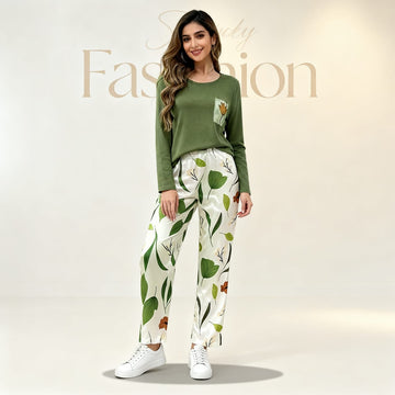 000 Olive Green plain full selives Tshirt flower pocket with Printed flowers Trouser