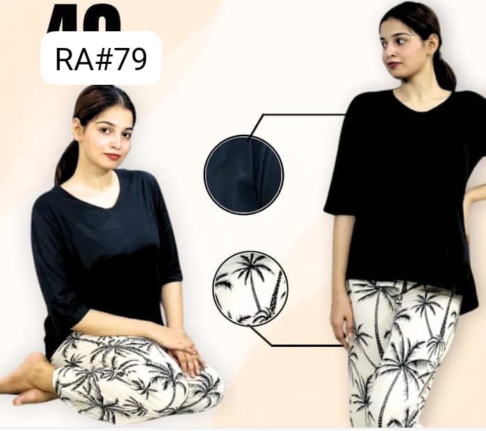 049 Black T.Shirt Plain With Plam Tree Printed Trouser